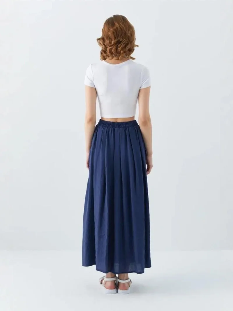 MixRay Navy Blue Mixray High-Waisted Long Skirt with Pockets for Women | Best Price UAE