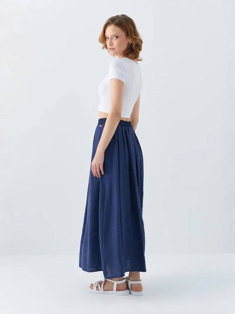 MixRay Navy Blue Mixray High-Waisted Long Skirt with Pockets for Women | Best Price UAE