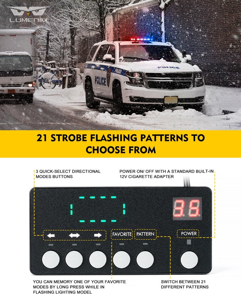 LUMENIX 72 LED Rooftop Emergency Strobe Light Bar w/Control Panel Magnetic Base Warning Flashing Beacon Caution Traffic Lightbar for Police Cop First Responder Vehicles Patrol Trucks - Red Blue - Image 4