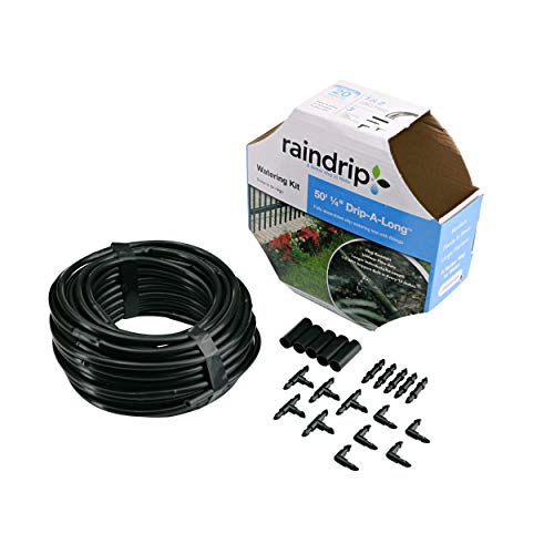 Raindrip R280DT Drip-A-Long™ 1/4 in. Dripline Kit includes 50 feet of 1/4-Inch Dripline preassembled with 1/2 GPH drippers, 5 Barbed Tees, 5 Barbed Elbows, 5 Barbed Couplings, 5 End Plugs - Image 1