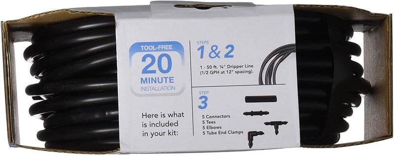 Raindrip R280DT Drip-A-Long™ 1/4 in. Dripline Kit includes 50 feet of 1/4-Inch Dripline preassembled with 1/2 GPH drippers, 5 Barbed Tees, 5 Barbed Elbows, 5 Barbed Couplings, 5 End Plugs - Image 4