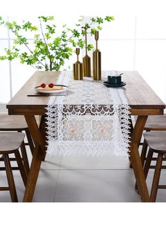 SYOSI Lace Table Runner Rectangular White Cotton Linen Fabric Dresser Scarf with Delicate Lace Embroidered Table Runner for Kitchen Home Wedding Party Dining Room Decor, White 15 in x 72 in  - Image 3