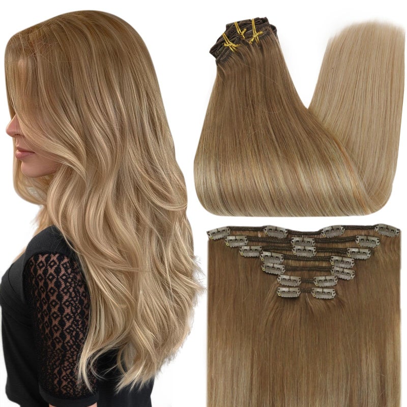 Full Shine Golden Blonde Hair Extensions 18 Inch Golden Brown To Dark Blonde Real Human Hair Extensions Clip ins for Thinning Hair 7 Pcs 120g - Image 1