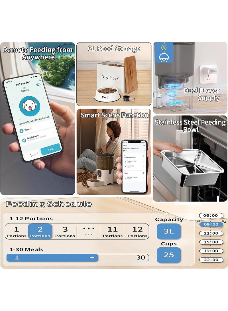 Pet Feeder,Automatic Pet Feeder with Detachable Stainl  6L/25 cupess Steel Bowl, 2.4GHz WiFi Dogs Feeder APP Control, Timer/Schedule Feature, Portion Size Adjustment, Dry Food, USB & Battery Powered - Image 2
