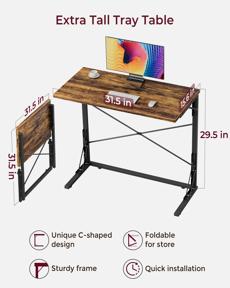 Vantic 31.5" Folding Desk, Foldable TV Tray Table for Eating on Couch, Extra Large TV Dinner Trays, Portable Fold Computer Writing Desk Table for Home Office, Rustic Brown - Image 2