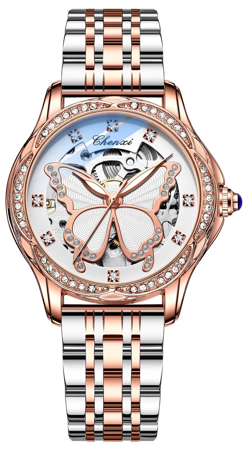MASTOP Women's Sapphire Watches Automatic Steampunk Self Winding Mechanical Gold Bracelet Ladies Skeleton Wrist Watch Leather Strap for Ladies Famale (Steel Love) - Image 1
