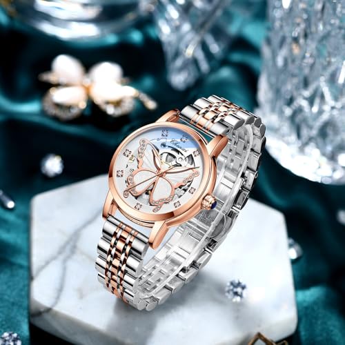 MASTOP Women's Sapphire Watches Automatic Steampunk Self Winding Mechanical Gold Bracelet Ladies Skeleton Wrist Watch Leather Strap for Ladies Famale (Steel Love) - Image 5