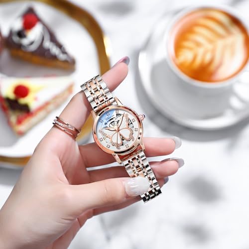 MASTOP Women's Sapphire Watches Automatic Steampunk Self Winding Mechanical Gold Bracelet Ladies Skeleton Wrist Watch Leather Strap for Ladies Famale (Steel Love) - Image 3