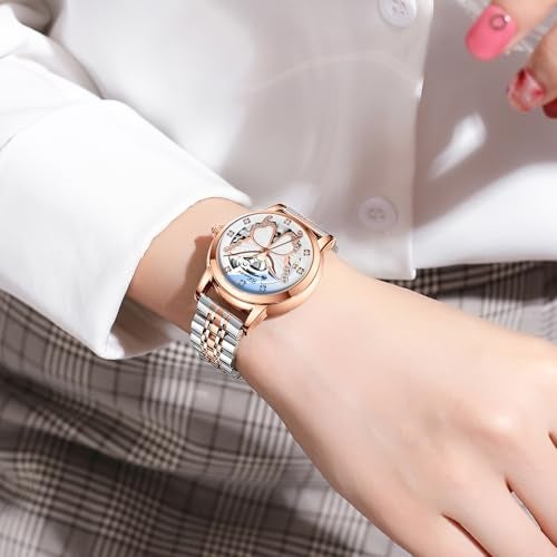 MASTOP Women's Sapphire Watches Automatic Steampunk Self Winding Mechanical Gold Bracelet Ladies Skeleton Wrist Watch Leather Strap for Ladies Famale (Steel Love) - Image 4