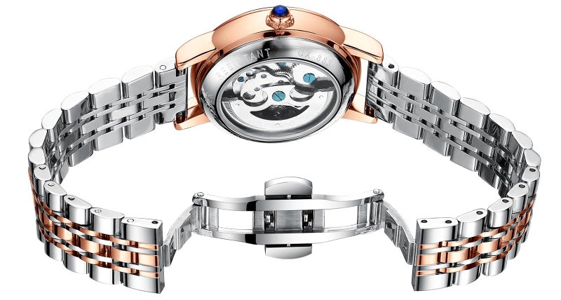 MASTOP Women's Sapphire Watches Automatic Steampunk Self Winding Mechanical Gold Bracelet Ladies Skeleton Wrist Watch Leather Strap for Ladies Famale (Steel Love) - Image 2