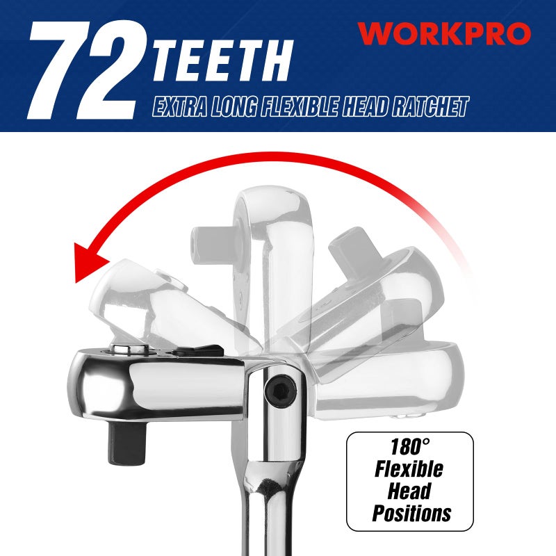 WORKPRO 3/8" Drive Extra Long Flex Head Ratchet, 18 Inch Reach Quick Release CR-V Steel Ratchet Handle, CR-MO Head, Reversible Design, 72-Tooth - Image 4