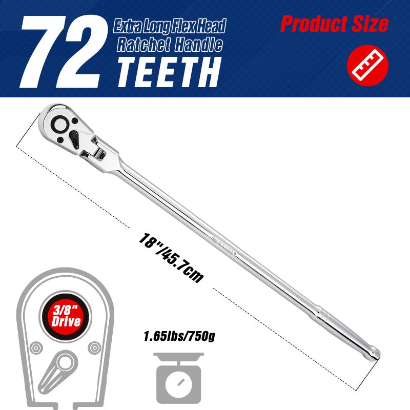 WORKPRO 3/8" Drive Extra Long Flex Head Ratchet, 18 Inch Reach Quick Release CR-V Steel Ratchet Handle, CR-MO Head, Reversible Design, 72-Tooth - Image 2