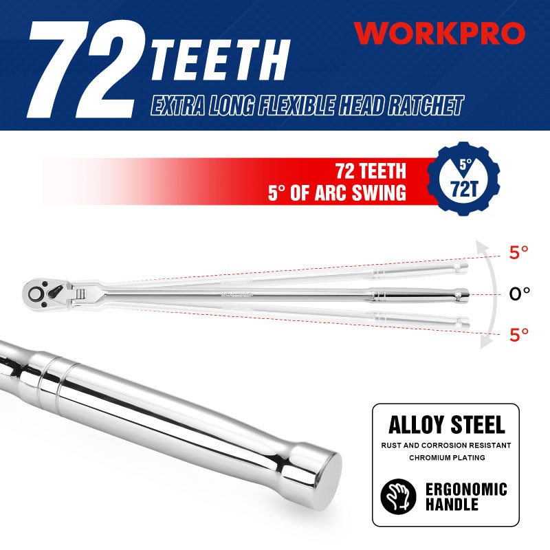 WORKPRO 3/8" Drive Extra Long Flex Head Ratchet, 18 Inch Reach Quick Release CR-V Steel Ratchet Handle, CR-MO Head, Reversible Design, 72-Tooth - Image 5