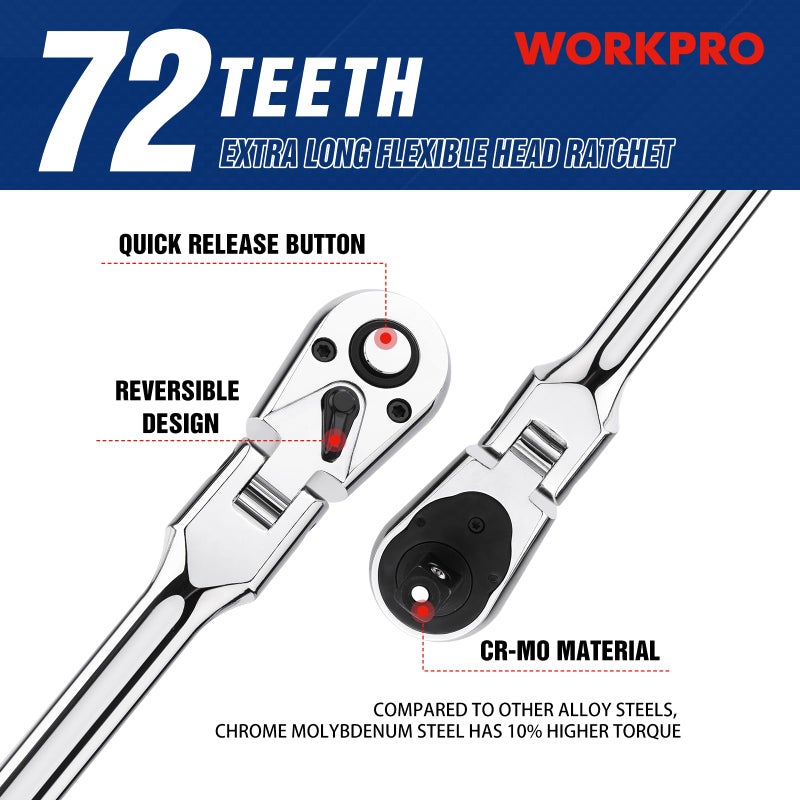 WORKPRO 3/8" Drive Extra Long Flex Head Ratchet, 18 Inch Reach Quick Release CR-V Steel Ratchet Handle, CR-MO Head, Reversible Design, 72-Tooth - Image 3