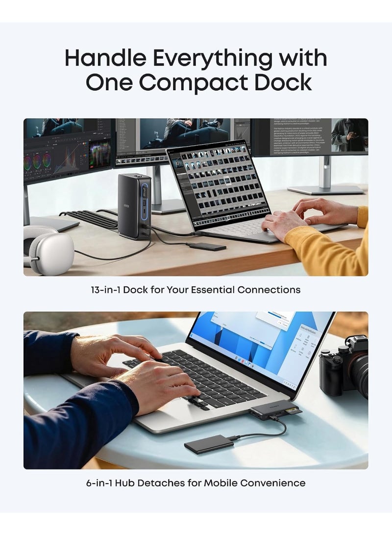 أنكر Anker Nano 13-in-1 Laptop Docking Station with Detachable 6-in-1 Hub, USB-C 3 Display Docking (2 HDMI+1 DP), 10 Gbps USB-C, 3 USB-A, Audio, SD/TF, Ethernet, 100W Max PD for Dell/Lenovo/HP Home Office black - Image 5