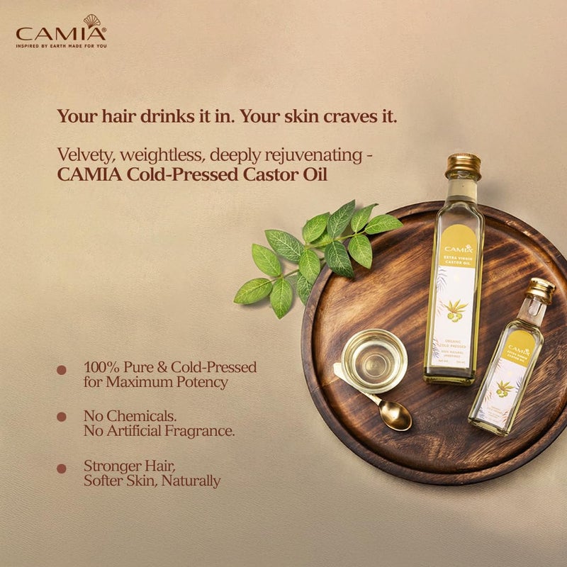 CAMIA Premium Cold Pressed Organic Castor Oil For Skin Hair  Eyebrows  Rich in Vit E  free fatty acids  Hydrates  Nourishes skin  Promotes Hair Growth Strengthens strands  100 ML Glass Bottle - Image 3