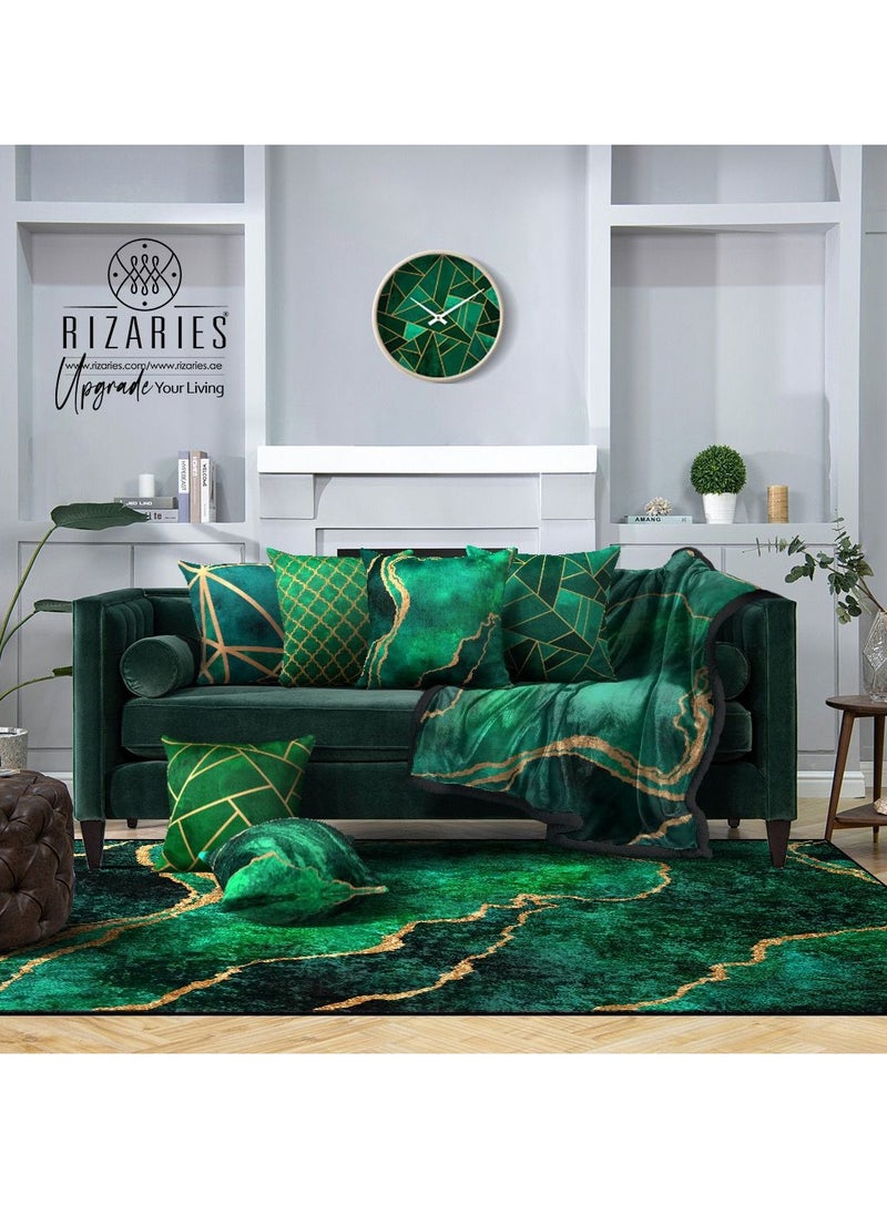 RIZARIES - Green Abstract Bundle of 9 ( 6 covers with fillings, 1 Wall Clock, 1 Rug 6.5x9.18ft, 1 Sofa Throw) - Image 1
