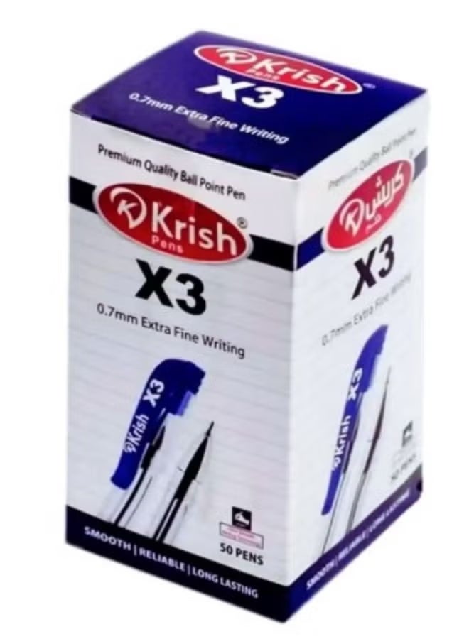 كريش قلم حبر جاف Krish X3، سن 0.7 مم، حبر أزرق (عبوة تحتوي على 50 قطعة) - Image 1