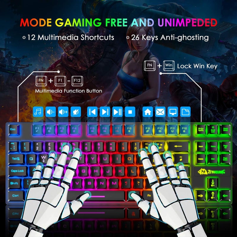 FELICON Consistent single item quality Gaming Keyboard and Mouse Combo,88 Keys Compact Rainbow Backlit Mechanical Feel Keyboard,RGB Backlit 6400 DPI Lightweight Gaming Mouse with Honeycomb Shell for Windows PC Gamers (Black) Dense material - Image 3