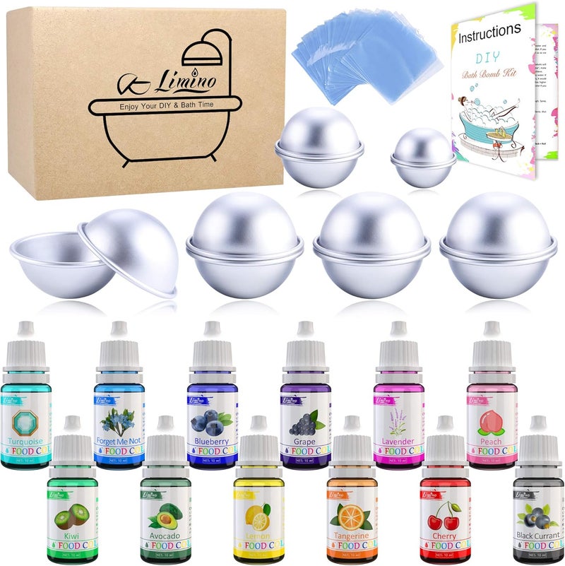 Limino 12 Pieces Bath Bomb Mold Set with 12 Soap Dye, Shrink Wrap Bags - DIY Bath Bombs Making Supplies Kit - Food Grade Skin Safe Bath Bomb Dye for Soap Coloring, Crafting Fizzles - with Instructions - Image 1