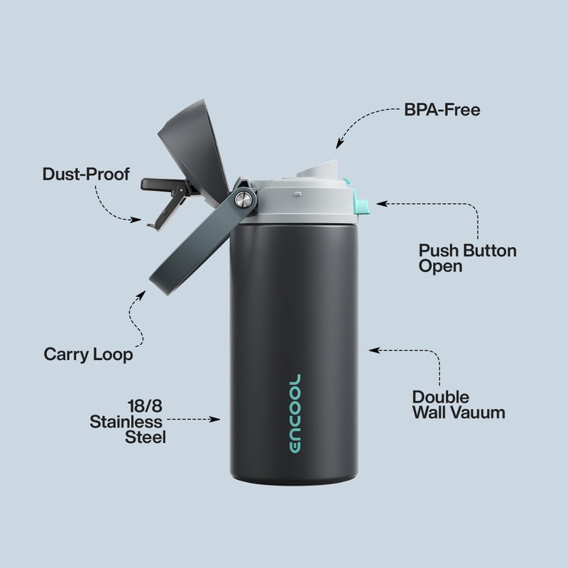 ENCOOL Insulated Water Bottle with Straw - Encool Stainless Steel Water Bottle with Push Button Lid, Leak-Proof & BPA-Free, Keeps Cold for 24 Hours for Sports, Travel, Gym (18 oz, Tuna Grey-Green) - Image 4