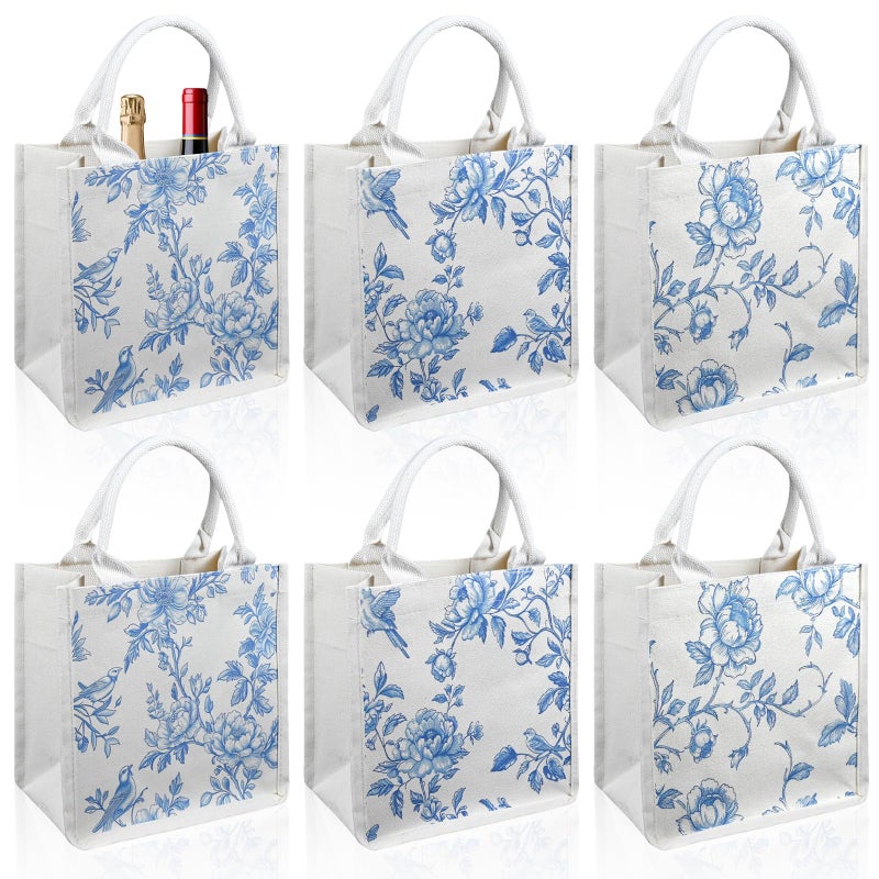 Kuabiz Blue and White Floral Burlap Tote Bags Chinoiserie Jute Tote Bags with Handles for Wedding Bridal Wedding Decor (6, Blue) - Image 1