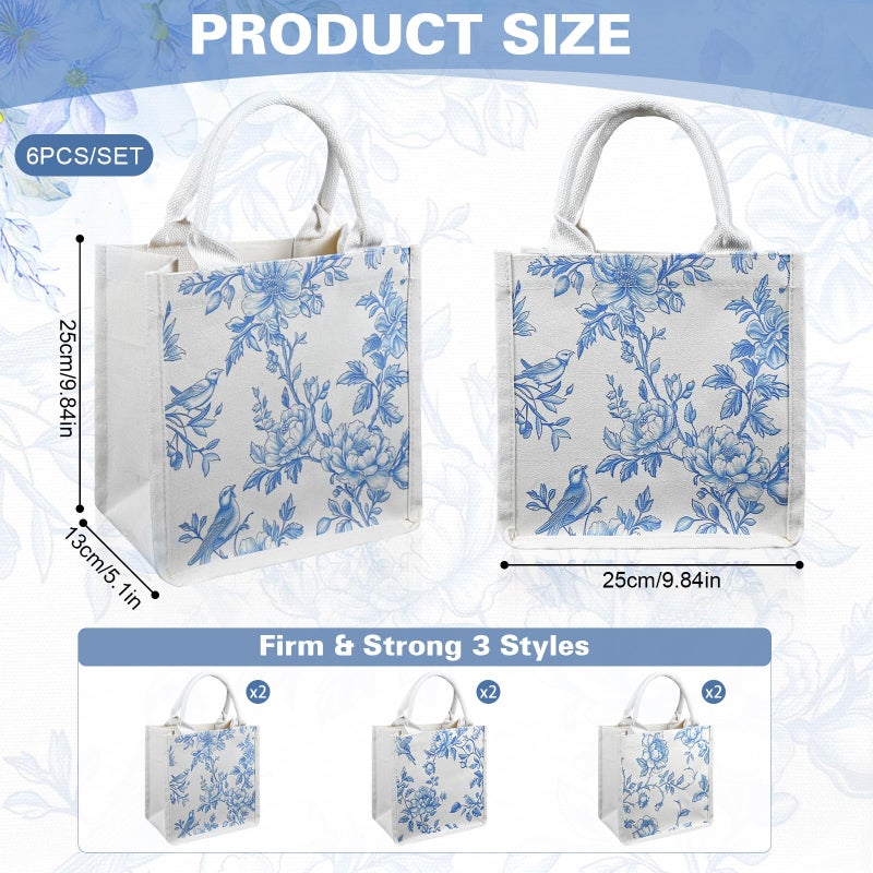 Kuabiz Blue and White Floral Burlap Tote Bags Chinoiserie Jute Tote Bags with Handles for Wedding Bridal Wedding Decor (6, Blue) - Image 4