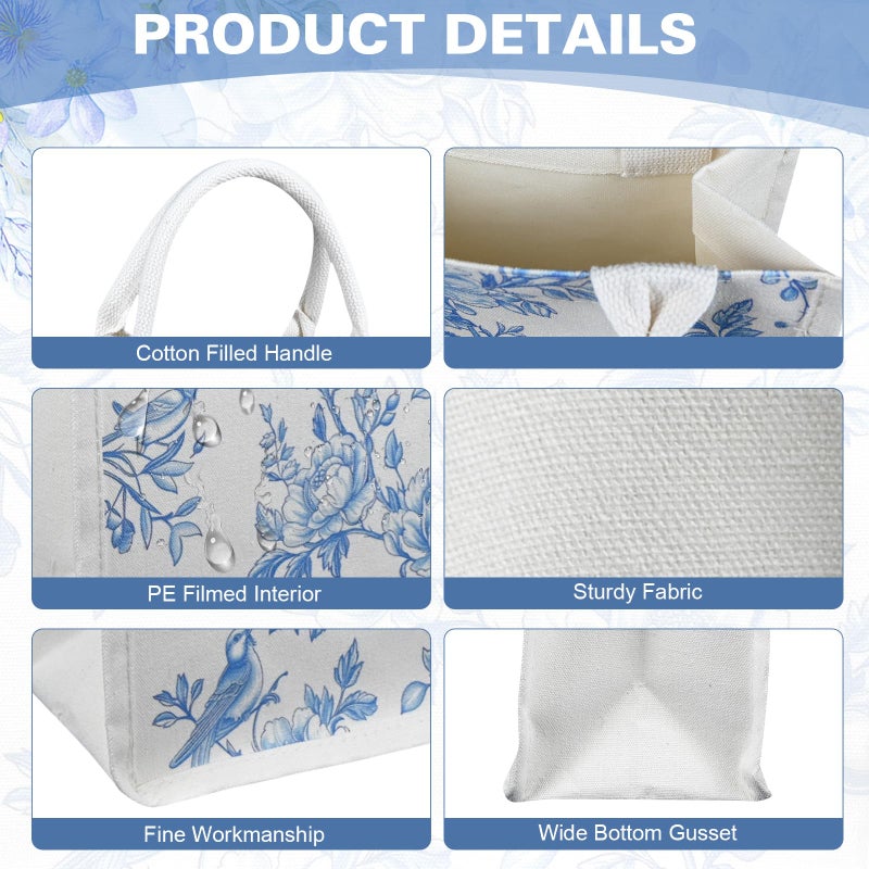 Kuabiz Blue and White Floral Burlap Tote Bags Chinoiserie Jute Tote Bags with Handles for Wedding Bridal Wedding Decor (6, Blue) - Image 5