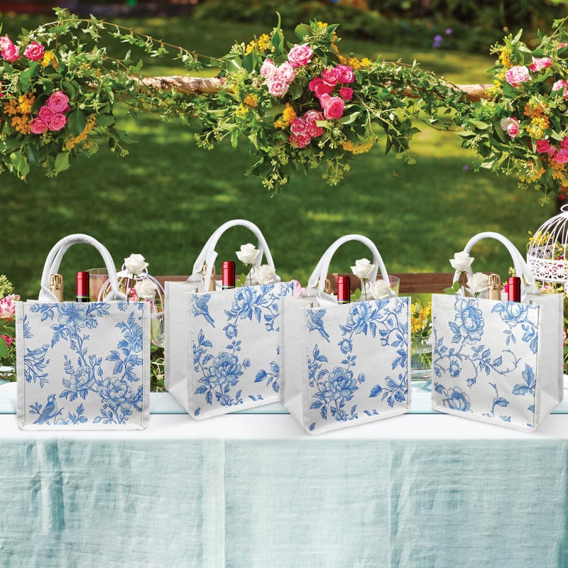 Kuabiz Blue and White Floral Burlap Tote Bags Chinoiserie Jute Tote Bags with Handles for Wedding Bridal Wedding Decor (6, Blue) - Image 3
