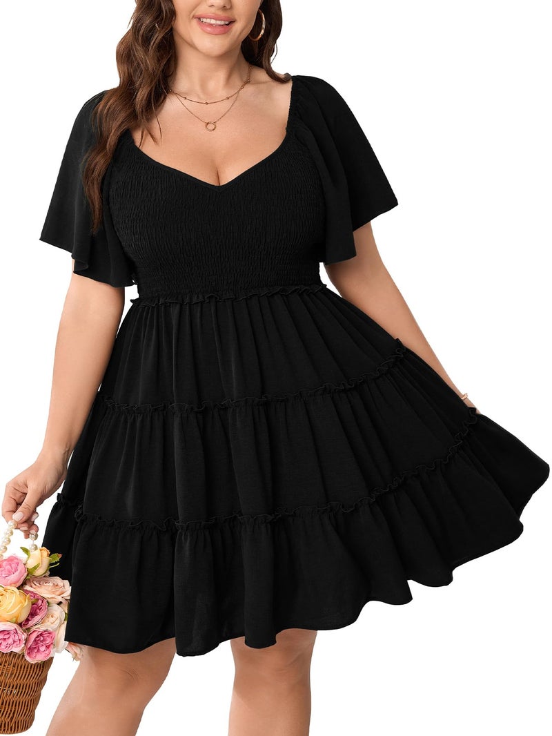 SHESTARR Womens Plus Size Casual Mini Dress Sweetheart Neckline Short Flutter Sleeve Smocked A Line Tiered Ruffle Dresses Black - Image 1