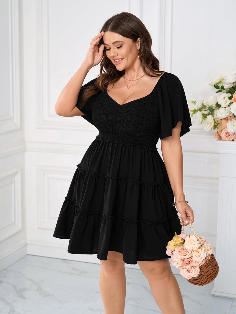 SHESTARR Womens Plus Size Casual Mini Dress Sweetheart Neckline Short Flutter Sleeve Smocked A Line Tiered Ruffle Dresses Black - Image 5