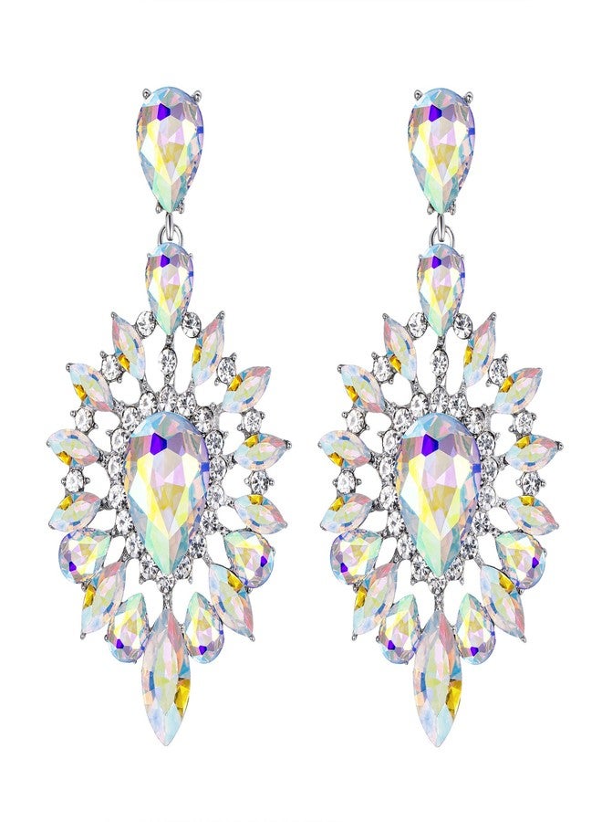 BriLove Fashion Trendy Statement Earrings for Women Crystal Teardrop Halo Chandelier Dangle Jewelry Iridescent Clear AB Silver-Tone - Image 1
