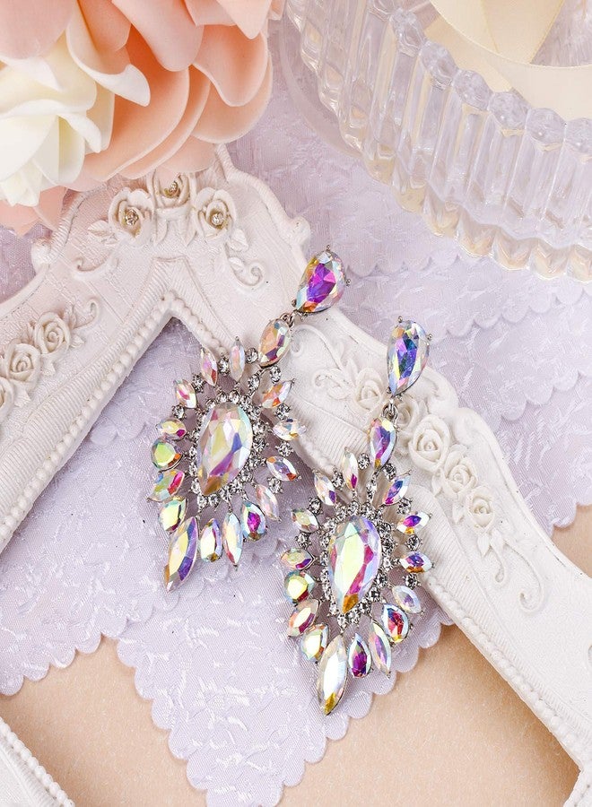 BriLove Fashion Trendy Statement Earrings for Women Crystal Teardrop Halo Chandelier Dangle Jewelry Iridescent Clear AB Silver-Tone - Image 4