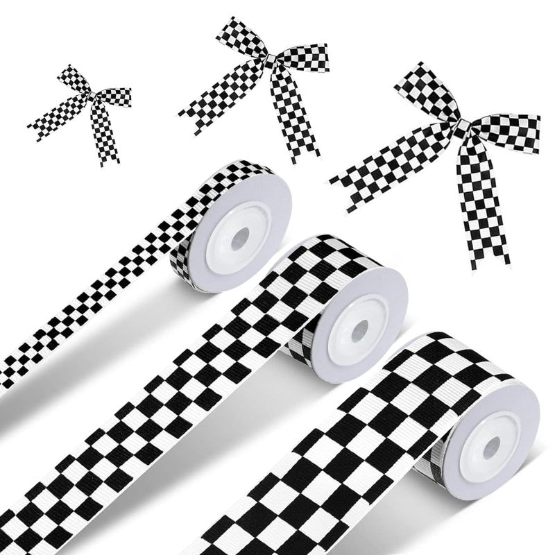 3 Rolls Black and White Checkered Ribbon for Racing Car Party DIY Wreath Decoration