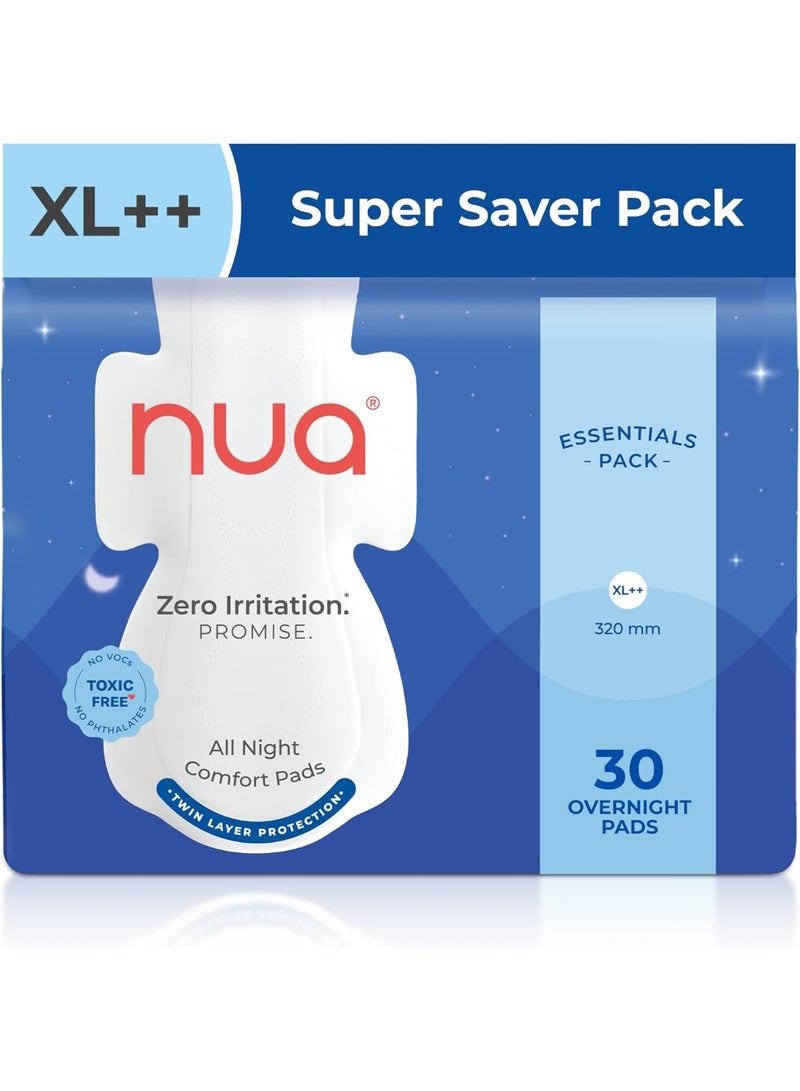 Nua Cotton Sanitary Pads for Women, Toxic-Free & Rash-Free, Unscented, Leakproof – All Night Comfort XL++ Essentials Pack (30 Pads) - Image 1