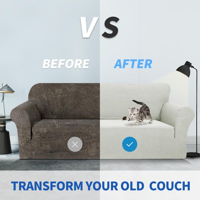ZNSAYOTX 1 Piece Jacquard Couch Covers for 3 Cushion Couch Living Room High Stretch Sofa Cover Pets Dogs Friendly Anti Slip Thickened Slipcovers Furniture Protector (Large, Ivory) - Image 4