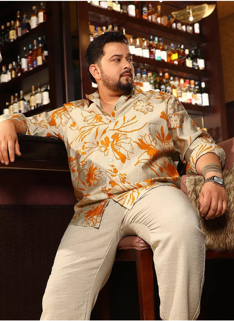 انستافاب بلس Instafab Plus Men's Marigold Yellow Freesia-Imprint Shirt For Casual Wear | Spread Collar | Long Cuffed Sleeves | Button Closure | Plus Size Shirt Crafted With Comfort Fit For Everyday Wear