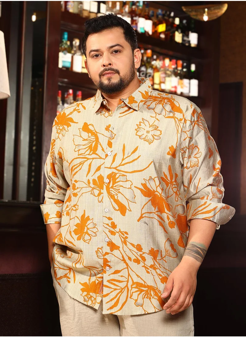 انستافاب بلس Instafab Plus Men's Marigold Yellow Freesia-Imprint Shirt For Casual Wear | Spread Collar | Long Cuffed Sleeves | Button Closure | Plus Size Shirt Crafted With Comfort Fit For Everyday Wear