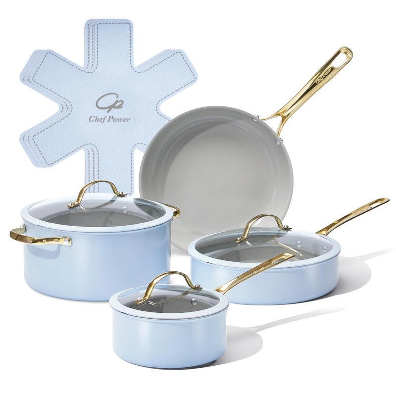 Chef Power Ceramic Cookware Sets, 10Pcs Pots and Pans Set Non Stick, Cookware Set with Stainless Steel Handle, Dishwasher & Oven Safe, Light Blue and Granite Grey - Image 1