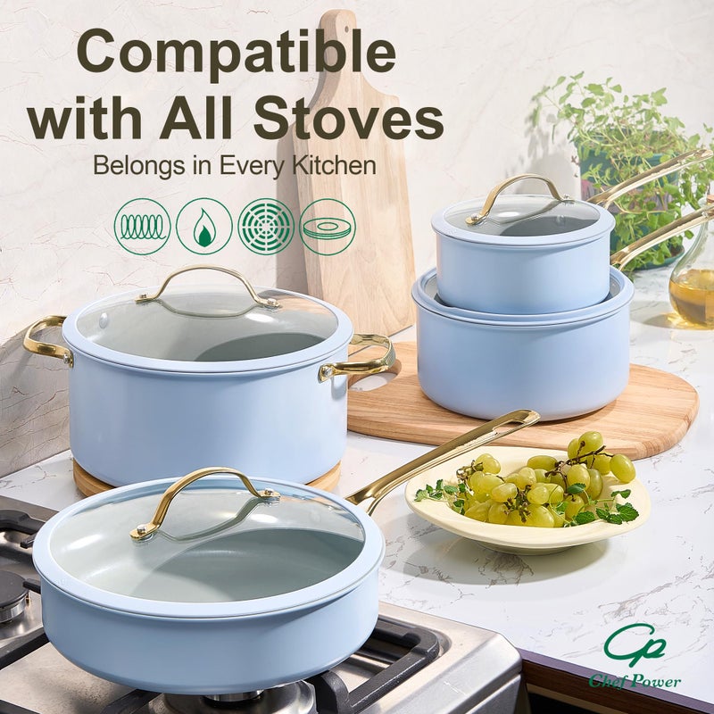 Chef Power Ceramic Cookware Sets, 10Pcs Pots and Pans Set Non Stick, Cookware Set with Stainless Steel Handle, Dishwasher & Oven Safe, Light Blue and Granite Grey - Image 5