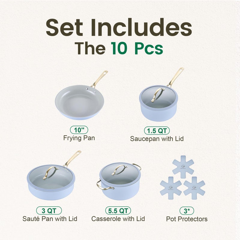 Chef Power Ceramic Cookware Sets, 10Pcs Pots and Pans Set Non Stick, Cookware Set with Stainless Steel Handle, Dishwasher & Oven Safe, Light Blue and Granite Grey - Image 2