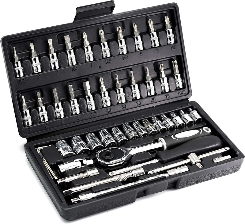 STELLIX Heavy Duty Tool Box & screw driver kit For Home Use| Multipurpose Combination Ratchet Socket Wrench Tool Kit | Auto Repair Tool Set 46 Pcs Set (Black) - Image 1
