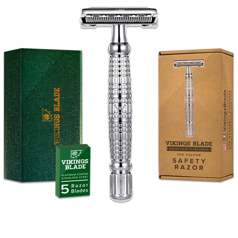 VIKINGS BLADE Double Edge Safety Razor for Men  5 Swedish Steel Blades  Luxury Case Long Handle Smooth Reusable EcoFriendly The Vulcan