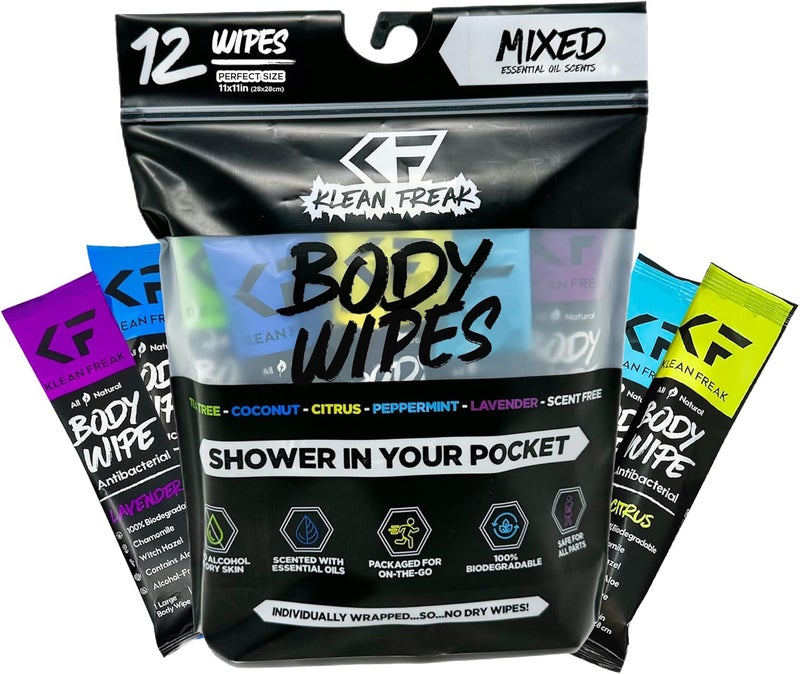 KLEAN FREAK Body 12-Count Wipes - Original Disposable Wipes, Individually Wrapped for the Gym, Workout, Hiking, Travel, and Sport (Mixed) - Image 1