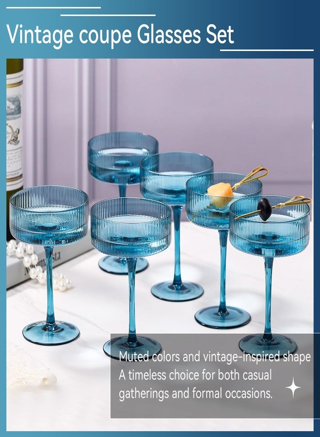 Cyrelwing Blue 9 oz Vintage Art Deco Coupe Glasses Set of 6 Ribbed martini Glasses |Vintage Cocktail Glasses Set,Unique Colored Coupe Glass, Classic Cocktail Glassware - Image 2