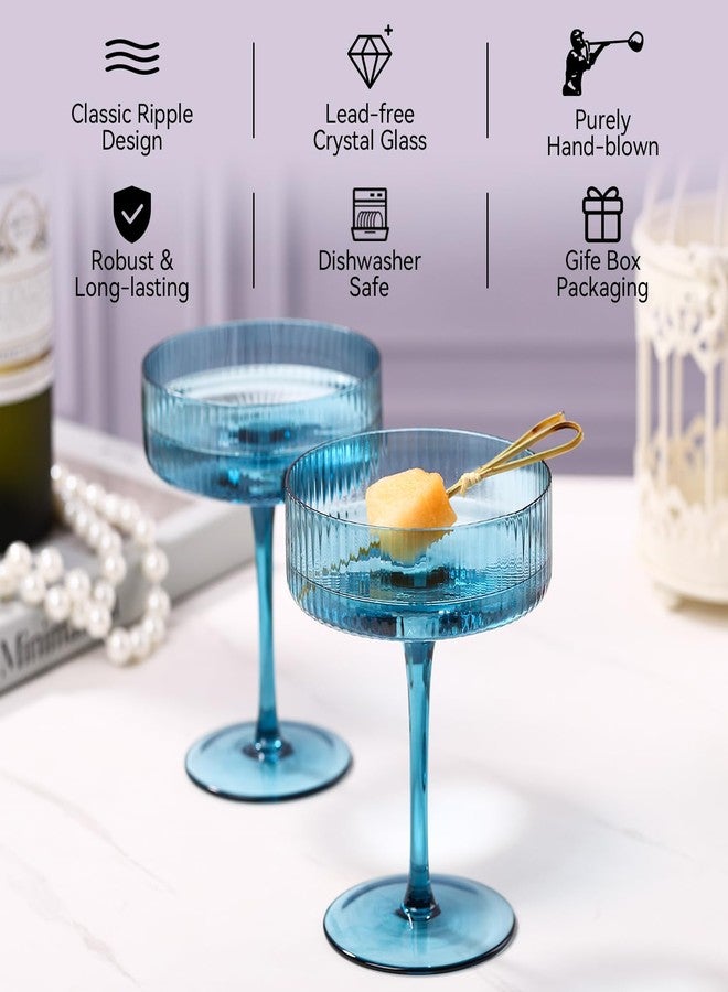 Cyrelwing Blue 9 oz Vintage Art Deco Coupe Glasses Set of 6 Ribbed martini Glasses |Vintage Cocktail Glasses Set,Unique Colored Coupe Glass, Classic Cocktail Glassware - Image 5