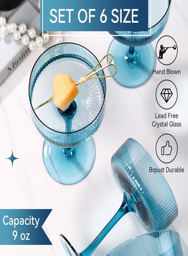 Cyrelwing Blue 9 oz Vintage Art Deco Coupe Glasses Set of 6 Ribbed martini Glasses |Vintage Cocktail Glasses Set,Unique Colored Coupe Glass, Classic Cocktail Glassware - Image 3