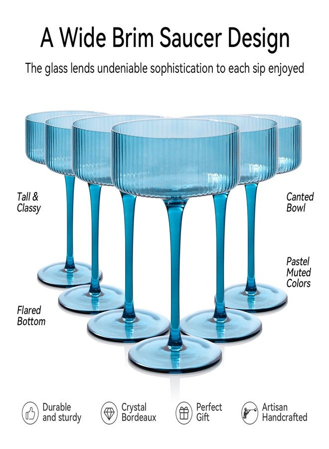 Cyrelwing Blue 9 oz Vintage Art Deco Coupe Glasses Set of 6 Ribbed martini Glasses |Vintage Cocktail Glasses Set,Unique Colored Coupe Glass, Classic Cocktail Glassware - Image 4