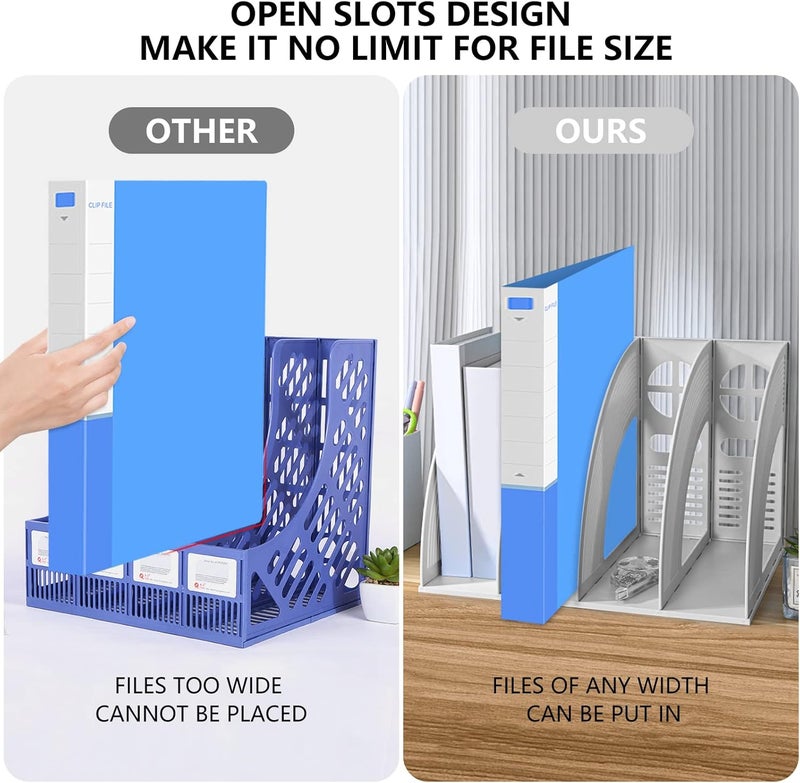SAYEEC File Holder Storage Folder 4 Compartment Standing Desktop Hollow Organizer Files Shelf Plastic Notebook Magazine for Office School Home Supplier Students (Random Light Gray OR Blue) - Image 4