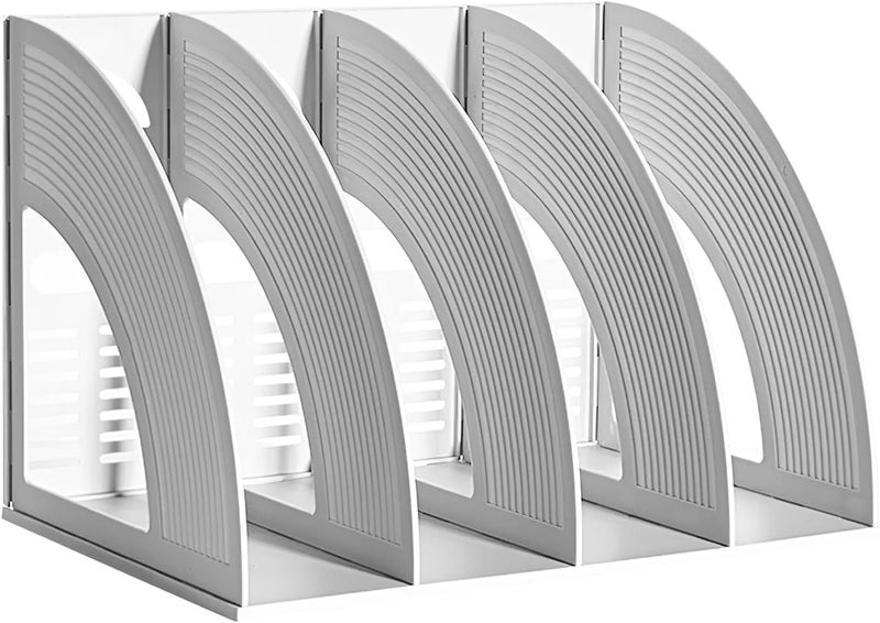 SAYEEC File Holder Storage Folder 4 Compartment Standing Desktop Hollow Organizer Files Shelf Plastic Notebook Magazine for Office School Home Supplier Students (Random Light Gray OR Blue) - Image 1